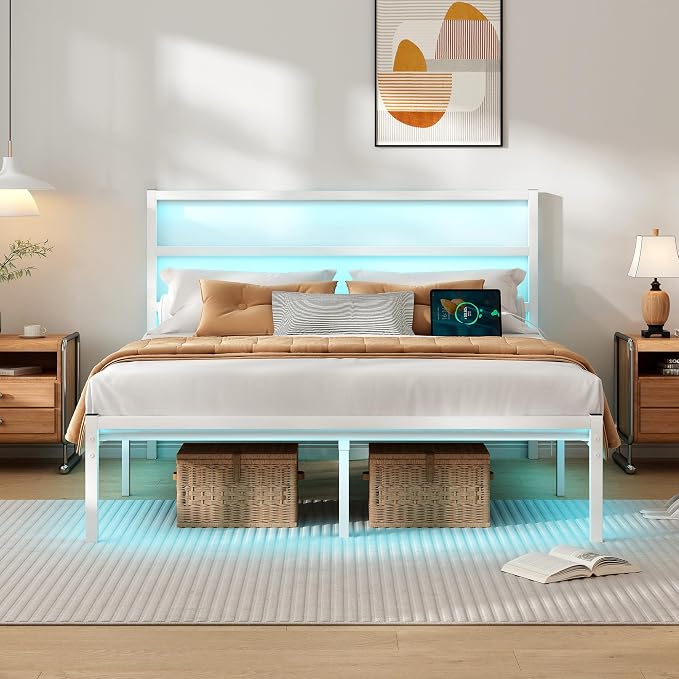 CLIBFENG Queen Size Bed Frame with Headboard,Heavy Duty Steel Slats Support-LED Bed Frame with USB Charging Station,Mattress Foundation-Under Bed Storage,No Box Spring Needed,Noise Free,White