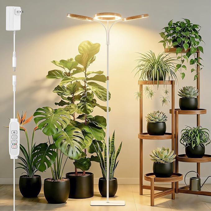 SDOVUERC Full Spectrum Grow Light with Stand for Indoor Plants, Floor Plant Light, 6/12/18H Timer, 3 Color Modes, Adjustable Height 16.5–68in, for Large Plants & Home Décor(Tri-Head,Faux Wood Grain)