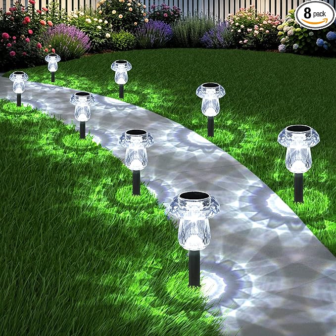 Solar Garden Lights Outdoor 8 Pack 6000K Cool White Mushroom Decor | Waterproof Pathway Outside Yard Walkway Landscape Path Lighting, LED Auto On/Off Decorations, Acrylic Diamond-like Lampshade