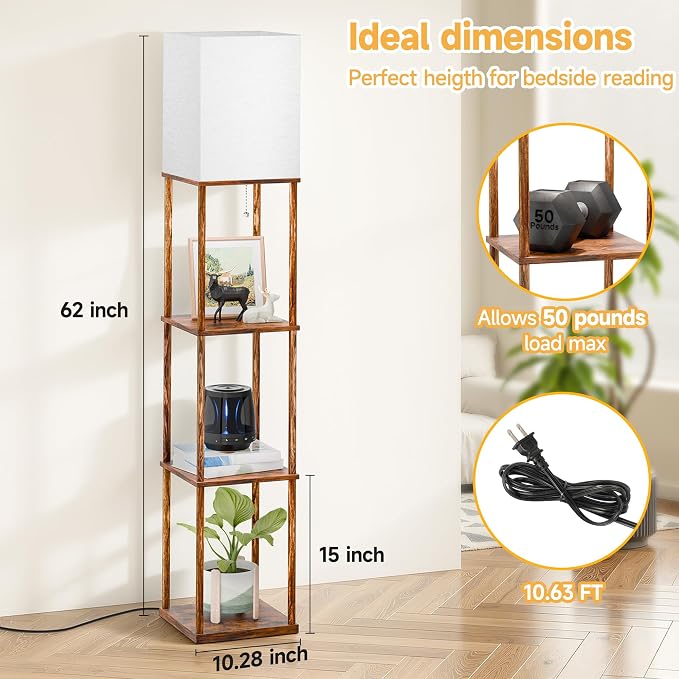 SHINE HAI Floor Lamp with Shelves, 3-Tier Square Modern Shelf Lamp | 3CCT Bright Bulb Included, Tall Standing Lamps for Living Room Bedroom Office