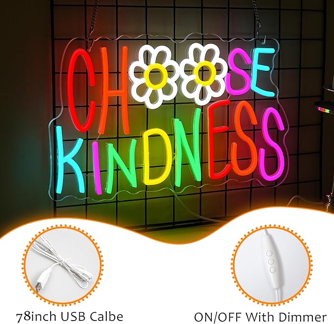 LISIGNVE Choose Kindness Neon Sign USB Powered Be Kind Neon Light for Wall Decor LED Motivational Quotes Light Up Sign for Home Bedroom Living Room Nursery Office Coffee Shop