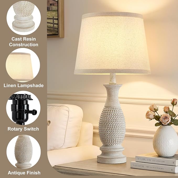 EJIAXIN Table Lamps Set of 2-21.6" Resin Farmhouse Bedside Lamps for Bedroom Living Room, Rustic Nightstand Bedroom Lamp with Rotary Switch for Night Stand End Table