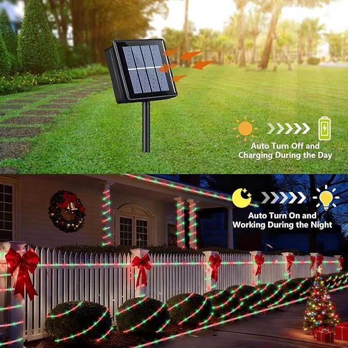 YEGUO Solar Rope Light Outdoor Waterproof, 66ft 200 LED Red and Green String Lights, 8 Modes Tube Christmas Lights in Clear Thin Tube