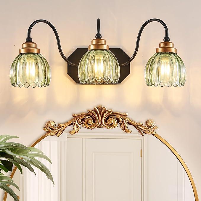 Vintage Bathroom Vanity Light, Bathroom Lighting Fixtures Over Mirror, Mid Century Style Farmhouse Light Fixtures with Green Glass Shades, Black Finish Wall Mount for Bedroom (Green, 3-Light)