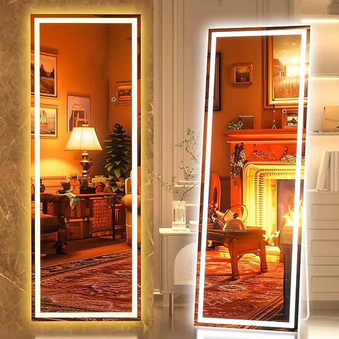 Hasipu Full Length Mirror with Lights, 56" x 18" LED Lighted Floor Standing, Full Body Dressing Hanging Mounted Mirror, Tempered Glass, Square White