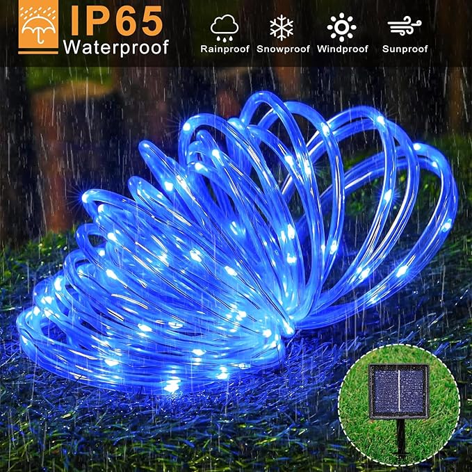 33FT 135 LED Solar Rope Lights Outdoor Waterproof, Blue Solar String Lights for Outside, 8 Modes Solar Powered Fairy Light for Pool Trampoline Garden Backyard Patio Tree Party Decorations