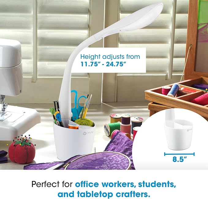 OttLite Organizer LED Desk Lamp with Flexible Neck and Storage, White | Natural Daylight LEDs | 4 Brightness Settings | Storage Compartments | Adjustable Flexible Neck