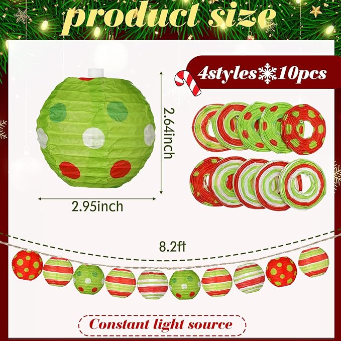 10 Pcs Christmas Paper Lanterns Red and Green Paper Lantern with LED Light 8.2 ft Christmas Hanging Ornament for Xmas Tree Decor Home Fireplace Porch Decoration Xmas Party Supplies