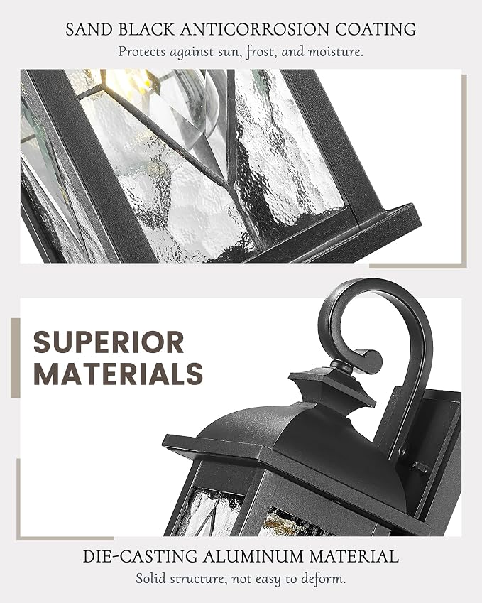 FEMILA Outdoor Wall Light Fixture,1-Light Exterior Waterproof Wall Sconce, Front Porch Lights, Matte Black Finish with Water Ripple Glass, UL Listed, 4FD54B BK-SD
