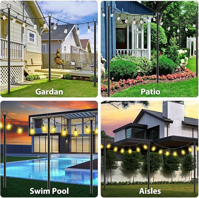 AILBTON 10Ft String Light Poles 8 Pack,Light Poles for Outside Lights,Outdoor with Fence Brackets Hanging Lights,Metal Stand Deck Patio Backyard