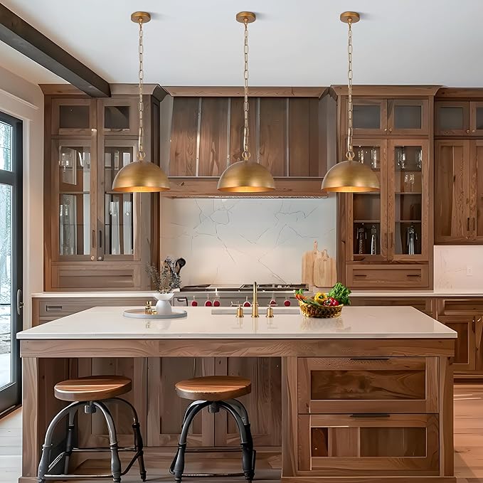 LALUZ 10" Large Dome Pendant Light, Antique Brushed Gold Pendant Lights Kitchen Island Modern Metal Adjustable Hanging Light Fixtures for Dining Room Bedroom Hallway