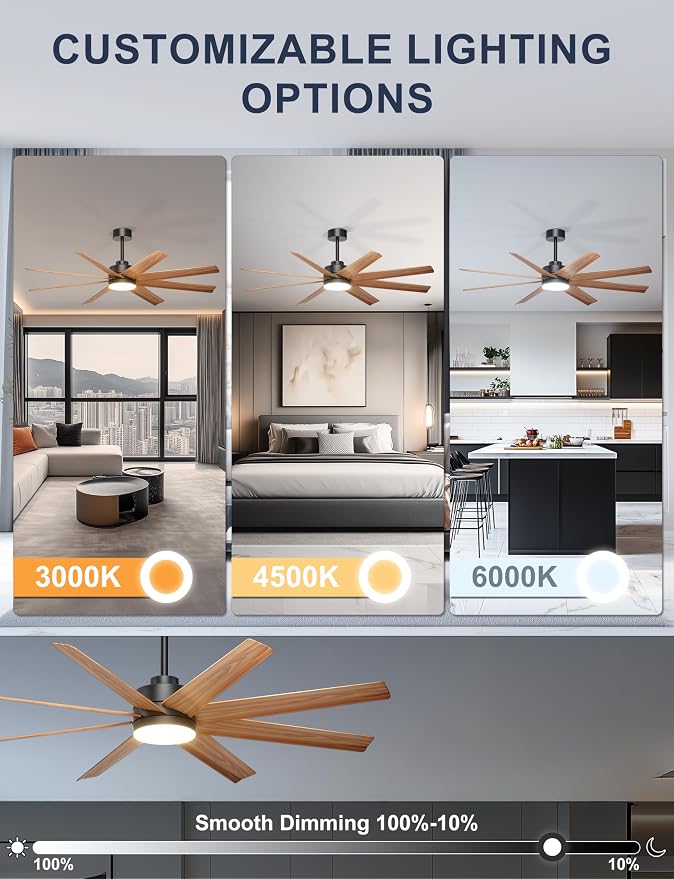 Ohniyou 60" Modern Farmhouse Ceiling Fan with Light for Patio, Living Room | Remote/App Control, Quiet DC Motor, 3CCT Dimming, Covered Outdoor Fan with 8 ABS Blades, Black and Wood Color