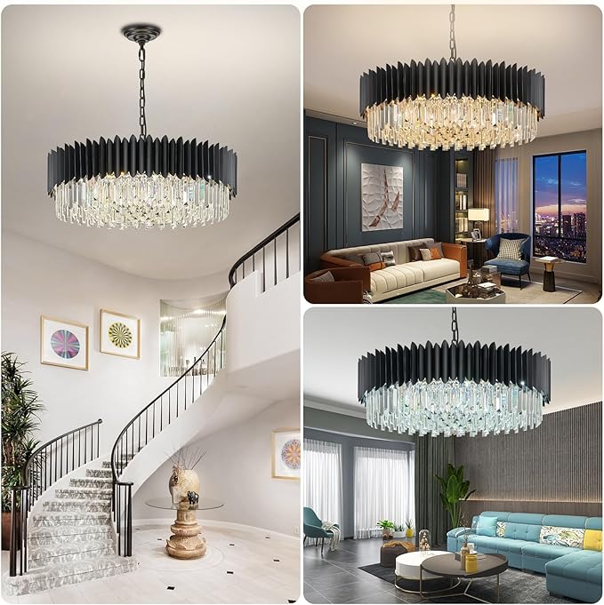 30" Modern Black Crystal Chandelier 12 Lights 6-Tier Large Ceiling Pendant Light Fixture Hanging Ceiling Light for Dining Room Living Room Bedroom Entryway Foyer