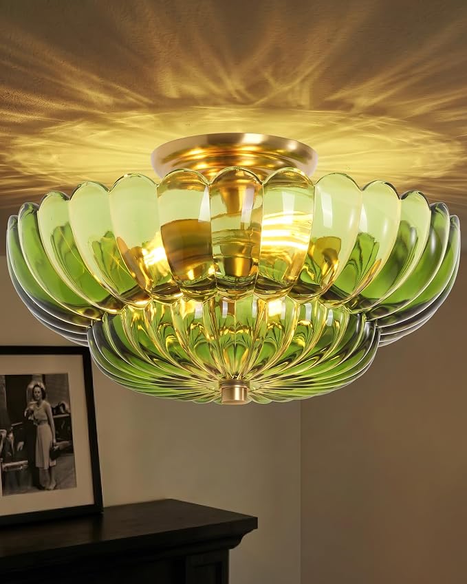 Semi Flush Mount Ceiling Light Fixture 14" Vinatge Gold Ceiling Lights Mid Century Modern Green Glass Close to Ceiling Lighting Fixtures for Bedroom Hallway Kitchen Laundry Room Bathroom
