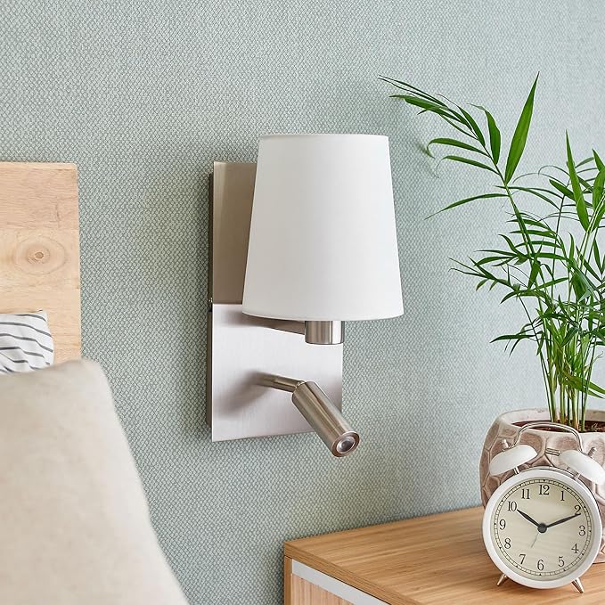 12.1" Wall Sconce with Shade & Reading Light, White Fabric Wall Lamp for Bedroom, Silver Bedside Wall Light with LED Reading Light 3000K 205 lm, Dual Switch, E12 Max 10W Bulb Not Included