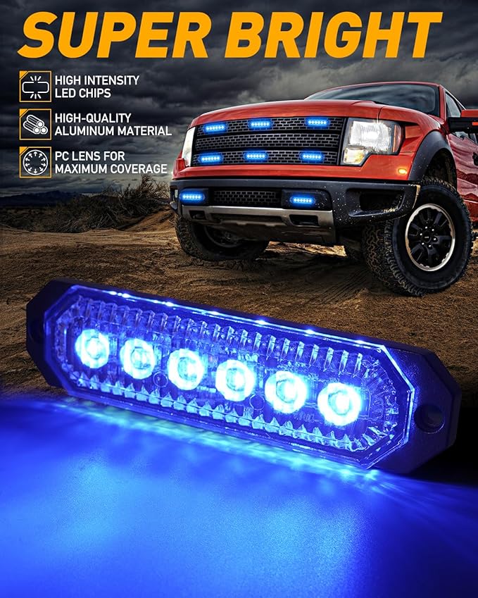 HLauto 406T Emergency Strobe Grille Lights: 4Pcs 6 LED Sync Feature Safety Warning Flashing Light, 12V-24V Ultra Slim Surface Mount Hazard Caution Light for Truck, Vehicle, Car, ATV, UTV (Blue)