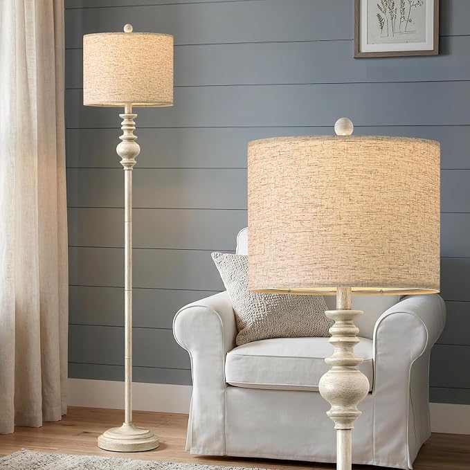 BOBOMOMO 64.25" Farmhouse Floor Lamp for Living Room Bedroom, Tall Antique White Standing Lamp with Rotary Switch, Vintage Corner Floor Lamp for Living Room & Office, Rustic Home Decor