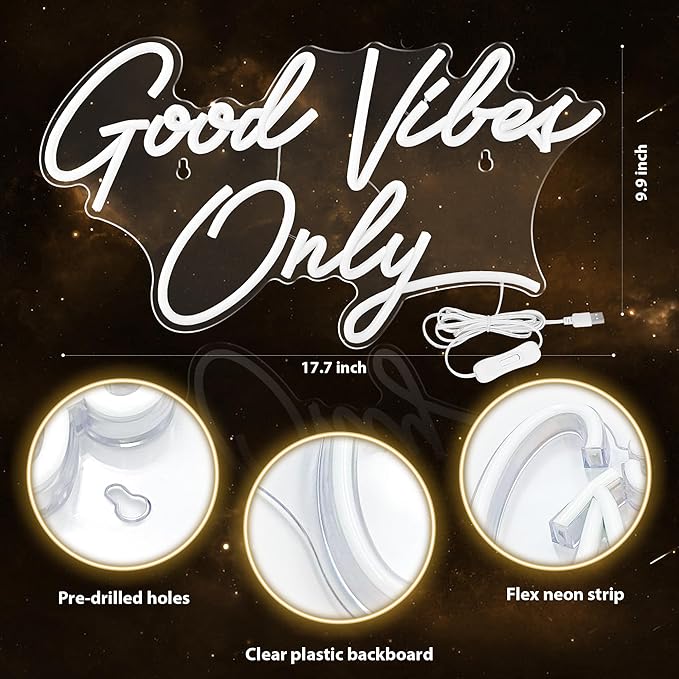 Kavaas Good Vibes Only Neon Signs for Wall Decor 17.7" x 9.9" | Warm White Good Vibes Only LED Sign for Bedroom, Party, Bar, Salon - Best Gifts for Birthday, Christmas