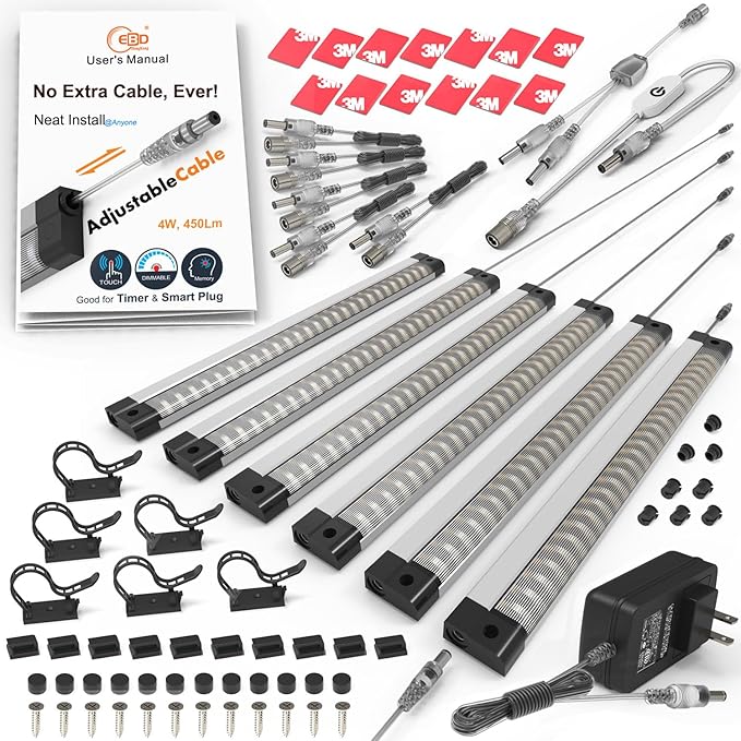EBD Under Cabinet Lights Plug in or Hardwired, 6 Pcs 12 Inch No Messy Wires Built-in Adjustable Cable LED Light Bar 3000K 2700Lm 5 Cables Y Splitter Neat Counter Lighting for Kitchen Shelf Home Office