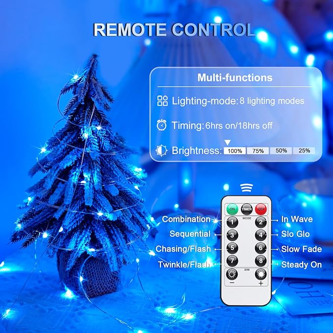 JMEXSUSS 2 Pack Fairy Lights Battery Operated, Total 200 LED 66ft, Blue | Christmas Lights with Remote & Timer, Waterproof Blue Twinkle String Lights for Bedroom Dorm Indoor Outdoor Party Tree Decor