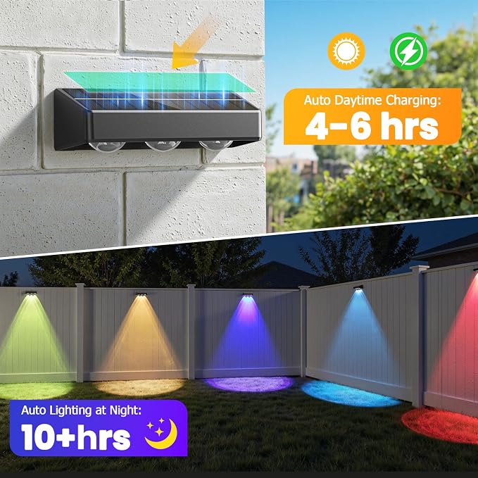 Solar Fence Lights, 12 Pack LED Outdoor Solar Deck Lights with Lenses, RGB Color, IP65 Waterproof, Solar Lights for Outside, Wall, Patio, Railing, Yard (Black)