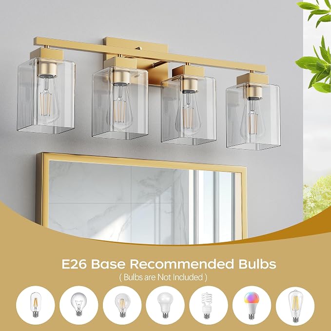 4-Light Bathroom Light Fixtures, Brushed Gold Modern Vanity Lights, Bathroom Lighting Fixtures Over Mirror, Square Design Farmhouse Wall Sconces with Clear Glass Shades