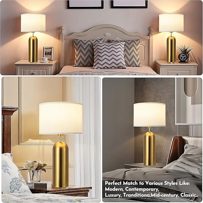 Gold Lamps Set of 2 Touch Control 3-Way Dimmable Bedside Nightstand Lamps Bedroom Lamps Modern White& Gold Table Lamp with USB Type C Ports Tall Lamps for Living Room End Table Home Office
