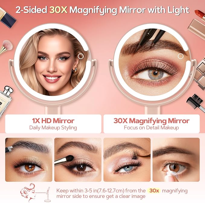 Makeup Mirror with Lights, Lighted Magnifying Mirror 30X with 3 Lighting and Adjustable Brightness, 2-Sided Height Adjustable Vanity Mirror for Bathroom, Gifts for Women Pink