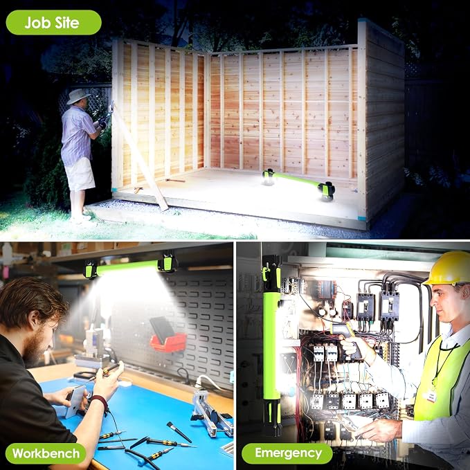 Ropelux Mechanic Work Light Bar with 2500LM 5200mAh Battery, Green 2 Pcs | 2-Level Brightness, 7500K Cool White, 4-10 Hours Runtime, Magnetic Bases, Hooks, 360° Rotating, Rechargeable, Tool Gift