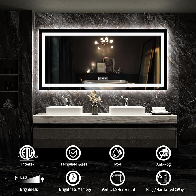 LED Mirror for Bathroom, 72x36 Inch Backlit + Front Lighted | Bathroom Vanity Mirror with Lights for Wall, Double Light Strips, 3 Colors, Shatter-Proof, Anti-Fog and Brightness Memory
