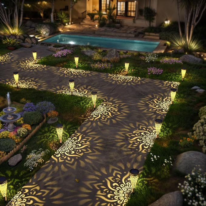 6 Pack Solar Lights Outdoor Garden Decorative Mandala Solar Garden Lights with Warm Light Waterproof Solar Pathway Landscape Lights for Path Backyard Walkway Yard Decor, Gardening Gifts for Women