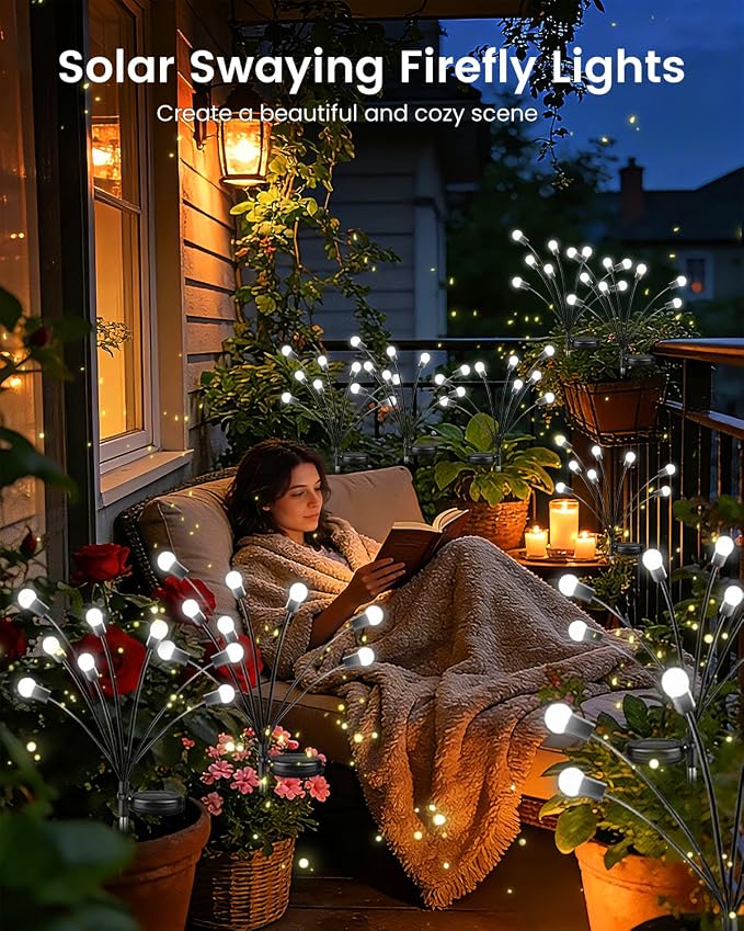 OZS 8 Pack Total 64 LED Solar Firefly Lights Fairy Outdoor - Solar Garden Lights Outdoor, Sway by Wind, Waterproof for Garden Patio Pathway Fairy Decoration (Cool White)