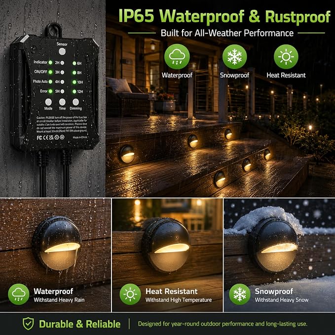 8 Pack Low Voltage LED Deck Lights Kit with Plug-in Transformer, Dusk-to-Dawn Photocell Sensor and Timer, IP67 Waterproof 3000K Outdoor Step Stair Lights for Deck, Patio, Fence and Landscape Lighting