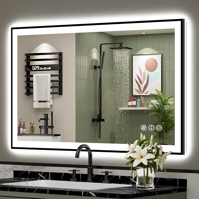 44x30 Black LED Bathroom Mirror, Backlit & Front Lit Lighted Mirror | Metal Framed Anti-Fog Vanity Mirror with Lights, 3 Color Dimmable, Memory, Tempered Glass, CRI95, IP54, Horizontal/Vertical