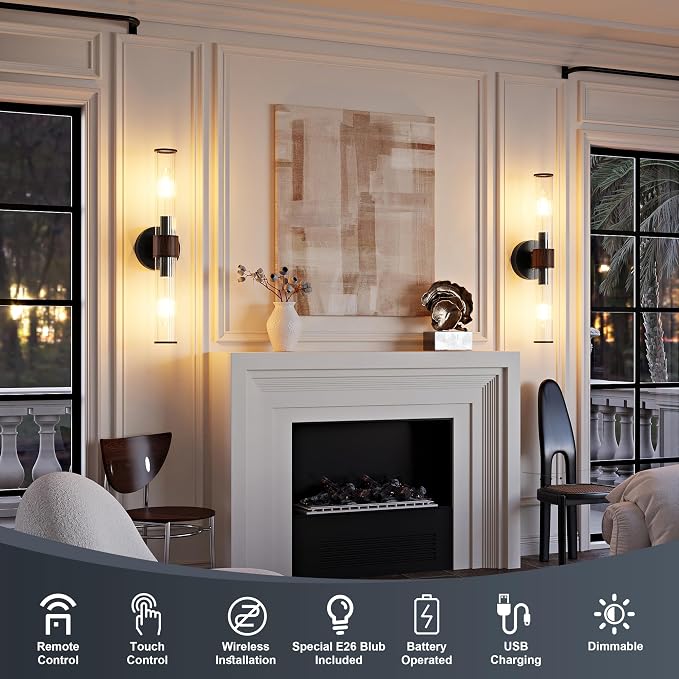 Morauroral Black Walnut Battery Operated Wall Sconces Set of 2, Rechargeable Wall Lights with Remote, 20 Inch Modern Wireless Wall Lamp for Bedroom, Living Room with White Shade (Bulbs Included)