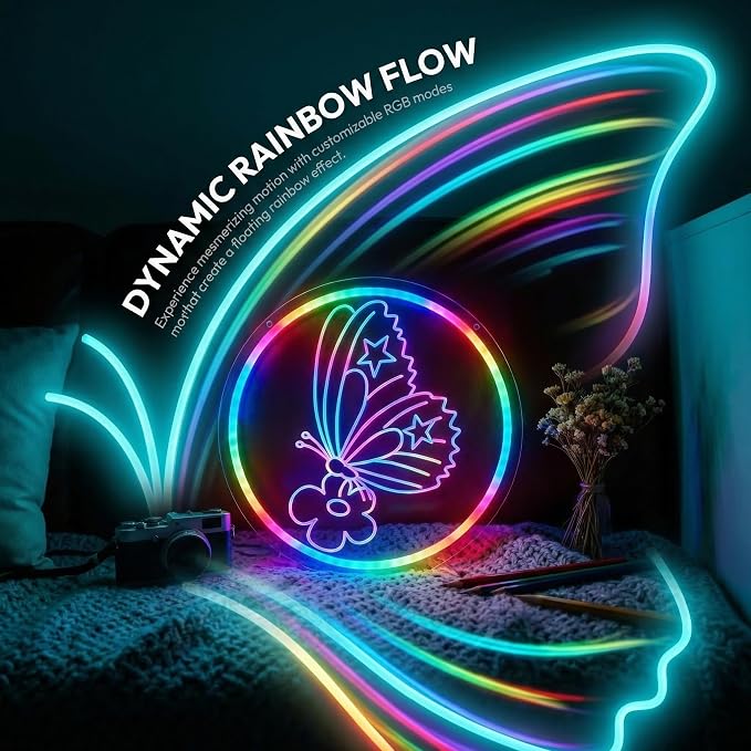 Butterfly Decorations - Single Color/Multi-Color Dimmable Neon Sign | 13“ x 13” 6.5ft USB Powered Kids Bedroom Art, Unique Birthday Gifts for Girls Boys