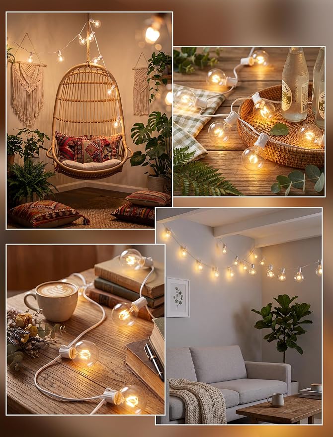 25FT Outdoor White String Lights with 27 G40 Clear Bulbs | Globe Patio String Lights for Indoor/Outdoor, Connectable Hanging Lights for Backyard Porch Balcony Party Decor - White Wire