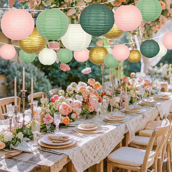 21 Pack Pastel Paper Lanterns, Sage Green Pink Gold Hanging Deco | Round Hanging Assorted Set for Birthday, Graduation, Wedding, Baby Shower, Valentine's Day, Classroom Decor & Photo Backdrop