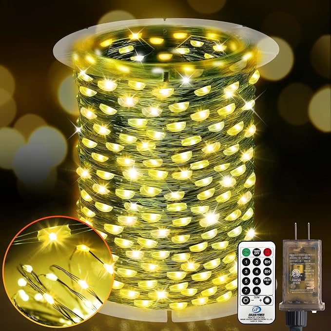 KNONEW 203FT 600LED Green Wire Outdoor Fairy Lights Plug in Warm White Xmas | Timer,Memory,Dimmable,Remote,Waterproof,Green Wire,Invisible in Greenery,for Garden,Wedding,Party, Indoor/Outdoor, Christmas