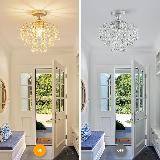 WUZUPS Crystal Chandelier Flushmount Ceiling Light Modern Lighting Fixture for Bedroom Hallway Bar Kitchen Bathroom, H 13.4" x W 12.6", E26 Base, Silver