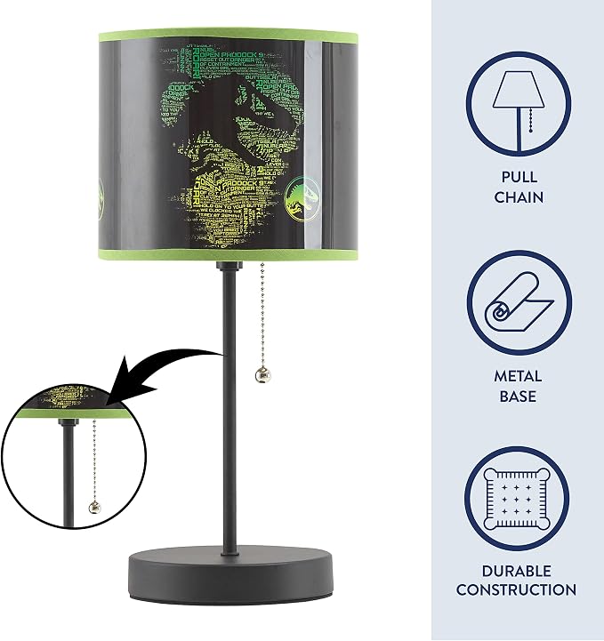 Jurassic World Stick Table Kids Lamp, with Pull Chain, Themed Printed Decorative Shade,Metal