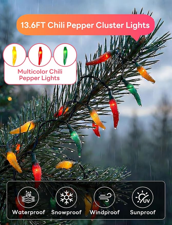 Multi-Colored Chili Pepper Halloween String Lights,13.6FT Chili Pepper Cluster Lights with 35 Chili Pepper Bulbs for Outdoor/Indoor Kitchen Garden Patio Christmas Decor