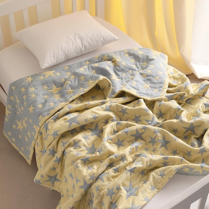 NTBAY 3 Layer Muslin Toddler Blanket, 30 x 40, Blue and Yellow Star | Breathable Muslin Cotton Outer Layers with Light Thermal Fill, Reversible for Stroller, Daycare, Travel, and Supervised Use