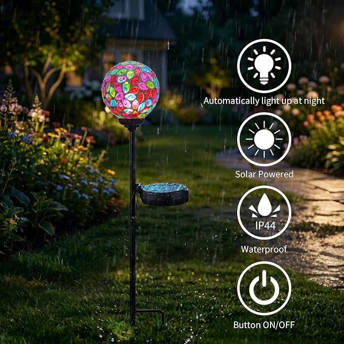 VCUTEKA Decorative Solar Garden Lights, 3.5" Mosaic Globe Outdoor Stake | Mosaic Glass Globe Design, Solar LED Light, Waterproof Design, Auto On/Off and Metal Stake Design for Lawn and Patio