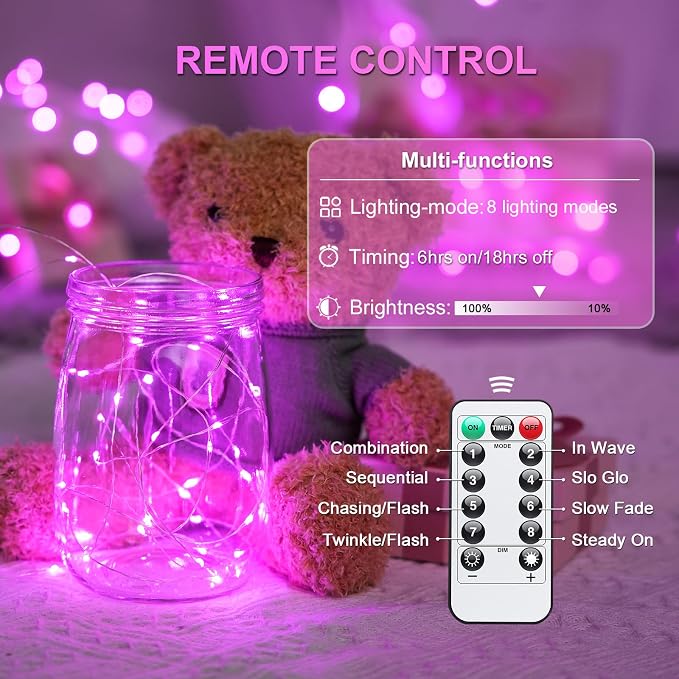 JMEXSUSS 2 Pack Pink Fairy Lights Battery Operated, Total 400 LED 132ft | with Remote, Timer, 8 Modes Christmas Twinkle String Lights for Bedroom Christmas Valentine's Day Indoor Birthday Party Decor