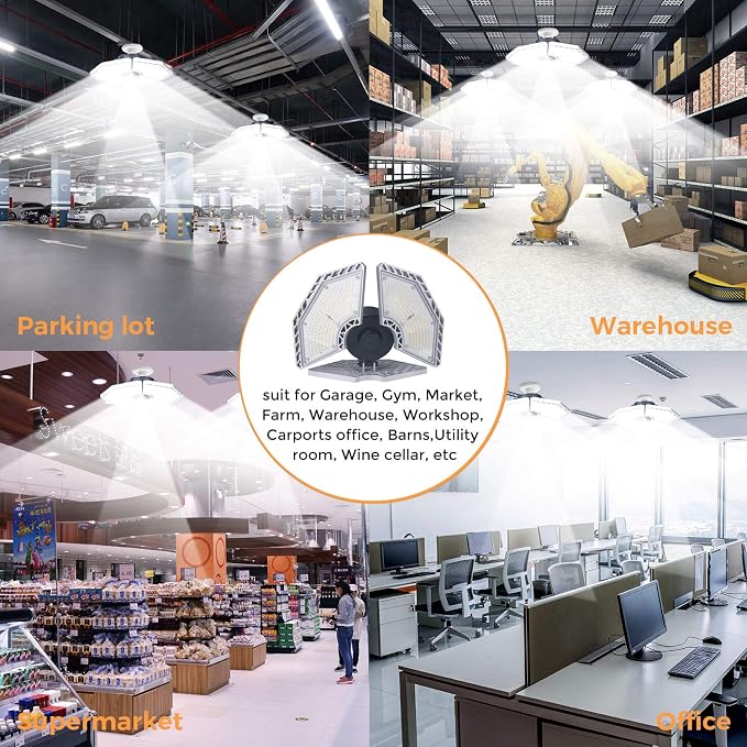 K KERNOWO LED Garage Lights, 140W 18500 Lumens Garage Lighting, 6000K Daylight with Deformable Three Panel Ceiling Light Fixture E26/E27 Triple Glow LED Shop Light for Basement Workshop Warehouse