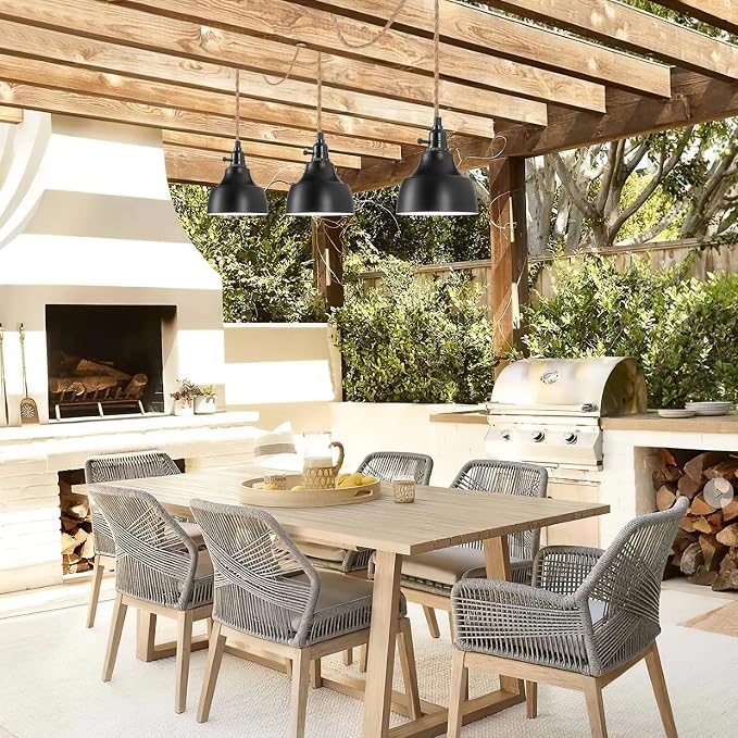 3 Light Plug in Pendant Light Cord 22FT Farmhouse Hanging Lamp | Industrial with Twisted Hemp Rope Independent Triple Switch Hanging Light Chandelier for Dining Room