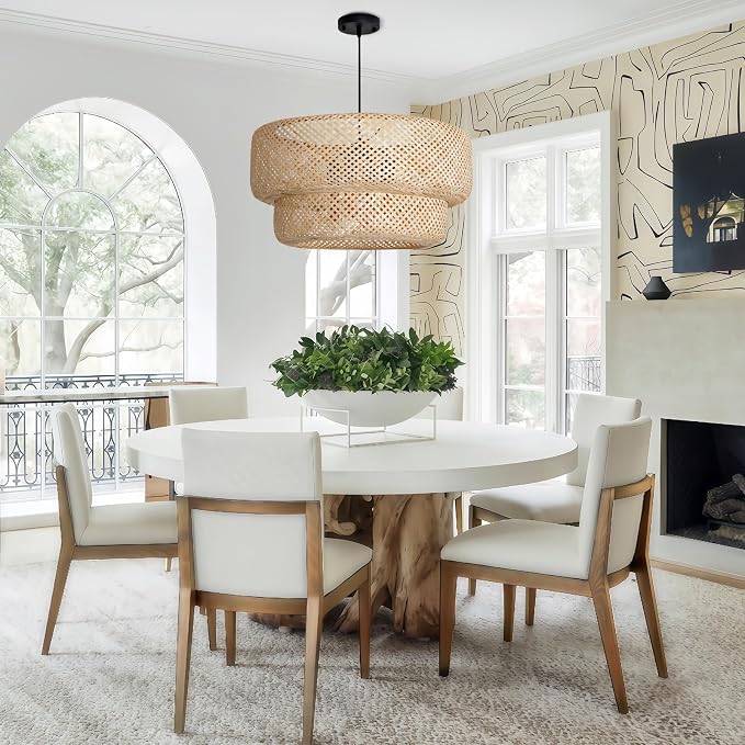 Woven Bamboo Pendant Light,23.6" Rattan Chadelier | 23.6" Boho Bamboo Chandelier,Hand Woven Wicker Hanging Light for Kitchen Island Dining Bedroom Living Room Restaurant