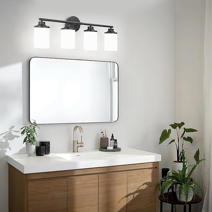Bathroom Light Fixtures,Matte Black Bathroom Lights,4-Light Vanity Light Over Mirror,Modern Vanity Light Fixture with Frosted Glass