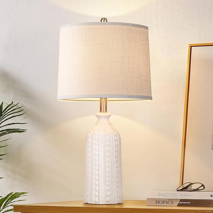 White Ceramic Table Lamp 24.5": 3-Way Dimmable Bedside Lamp with White Drum Slub Shade, Modern Nightstand Lamp for Bedroom & Living Room (Bulb Included)